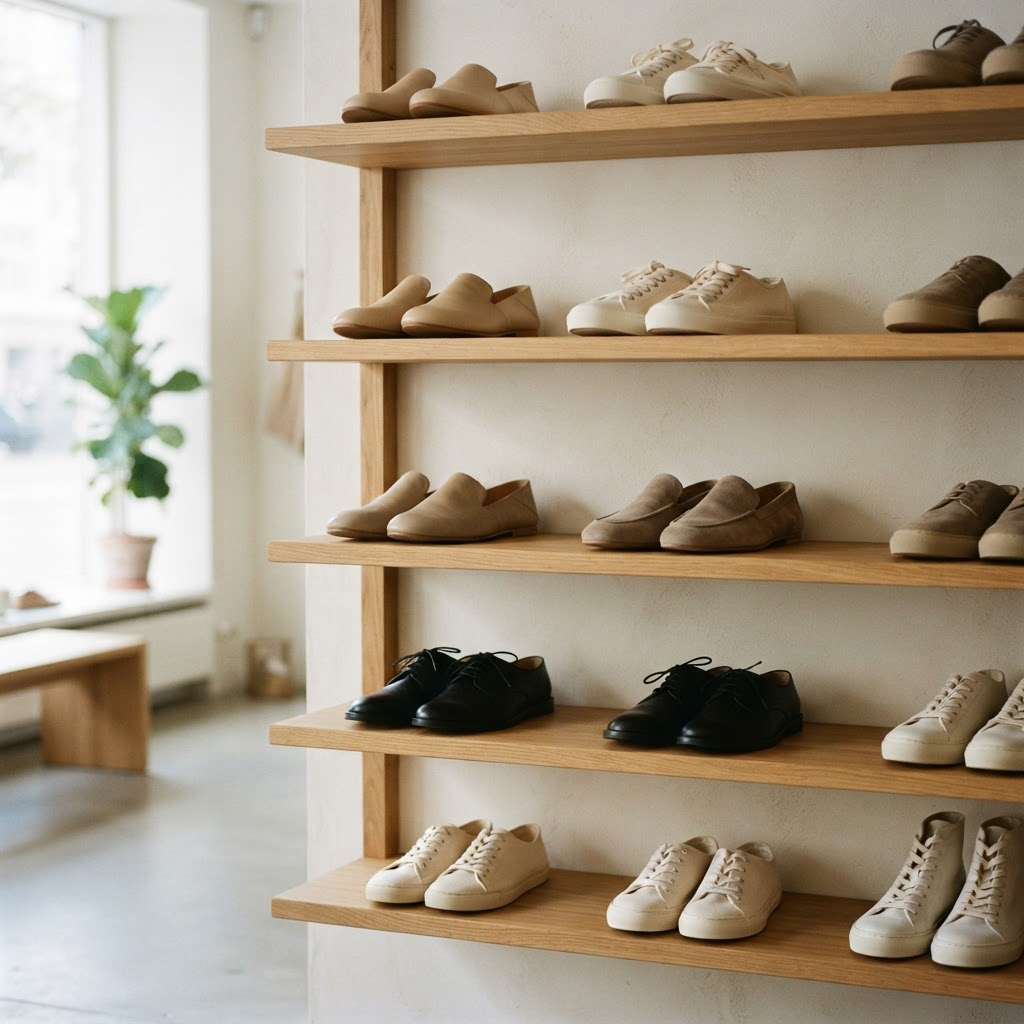 Assorted shoes arranged on wooden shelving inside a bright shoe store