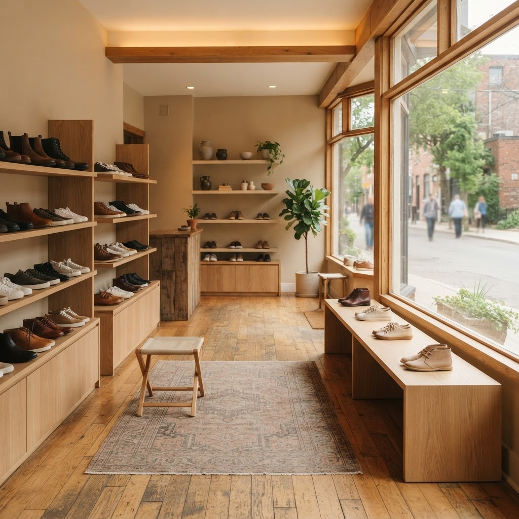 Interior of a small shoe store with wooden display benches and shelves of shoes
